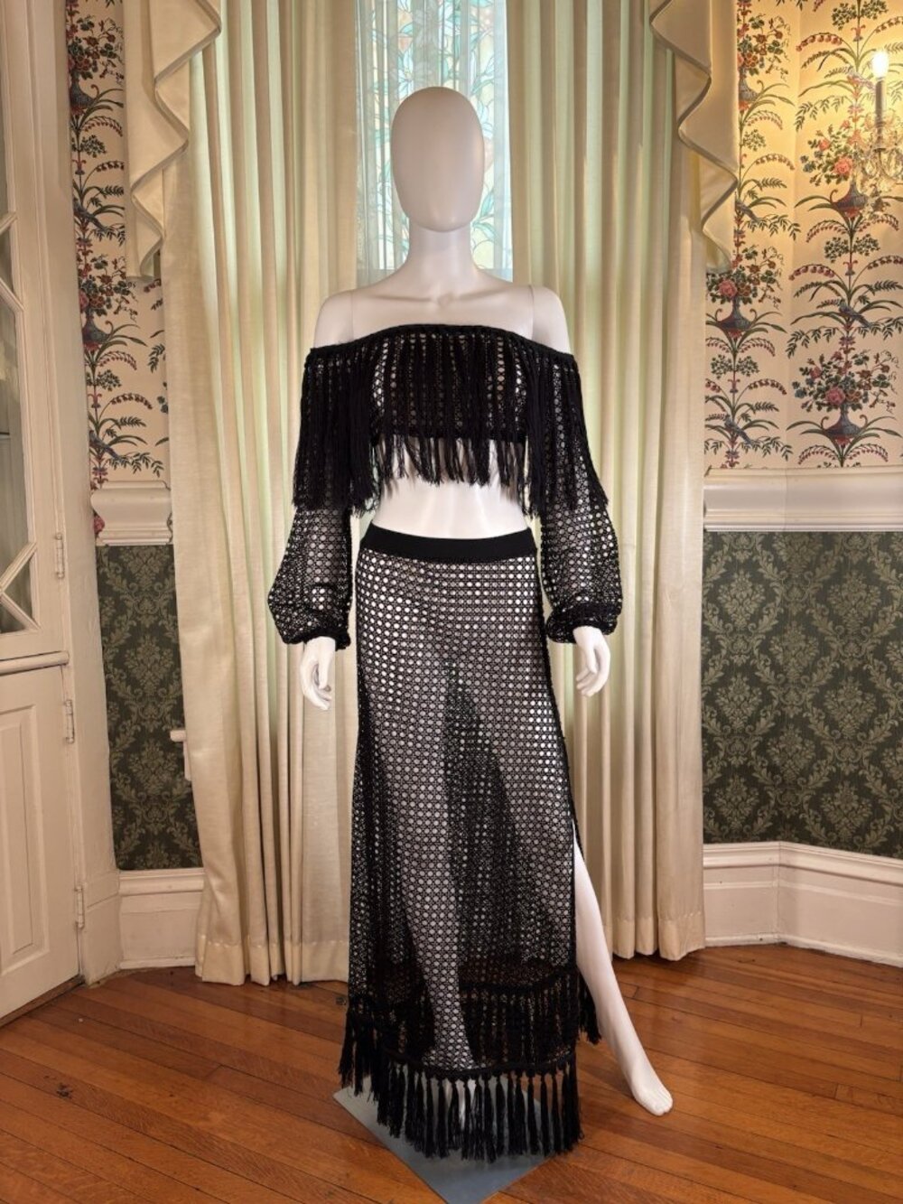Black Tassel Fringe Crochet Off Shoulder Crop Top Maxi Skirt Set High Slit S